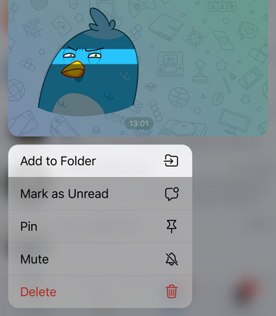 Menu opsyen chat dengan 'Tambah ke Folder' diserlahkan.